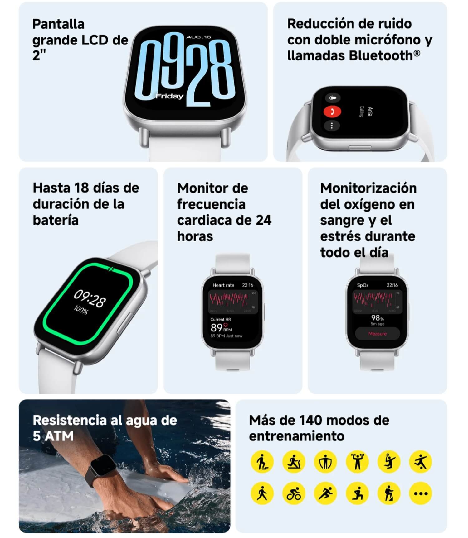 Redmi Watch 5 Active Smartwatch 2″ Bluetooth con Llamadas, Monitor de Ritmo Cardíaco y SpO2